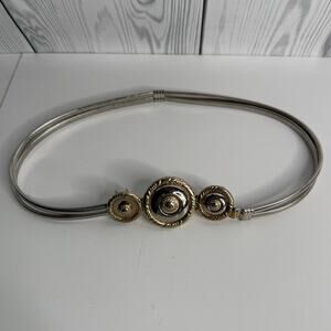 Vintage 1970’s/1980s Revcor Silver Gold Tone Stretch Belt Triple Emblem 25”